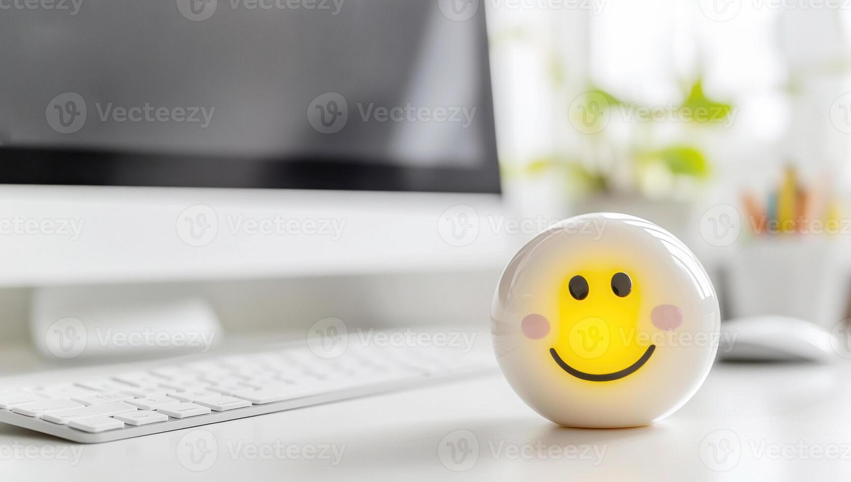 Colorful emoji desk lamp glowing with cheerful energy, brightening modern workspace and enhancing positive workplace atmosphere photo