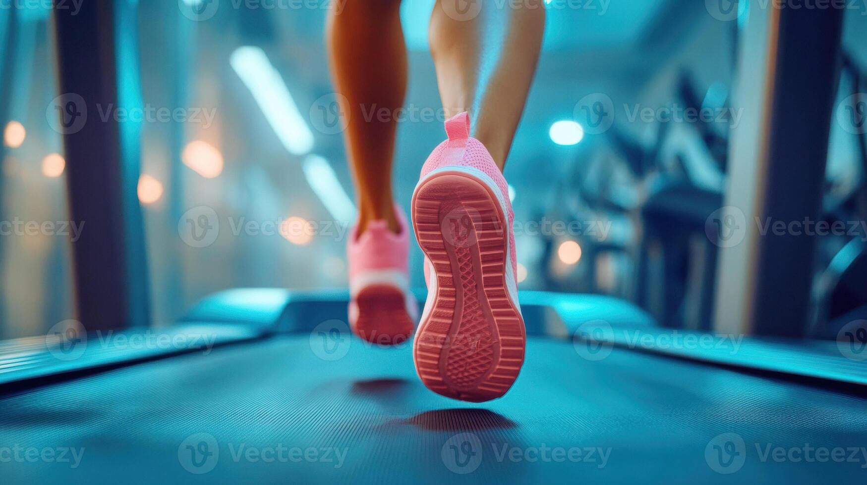Close-up of pink running shoes of an athlete running on a treadmill, showcasing the concept of fitness and cardio training photo