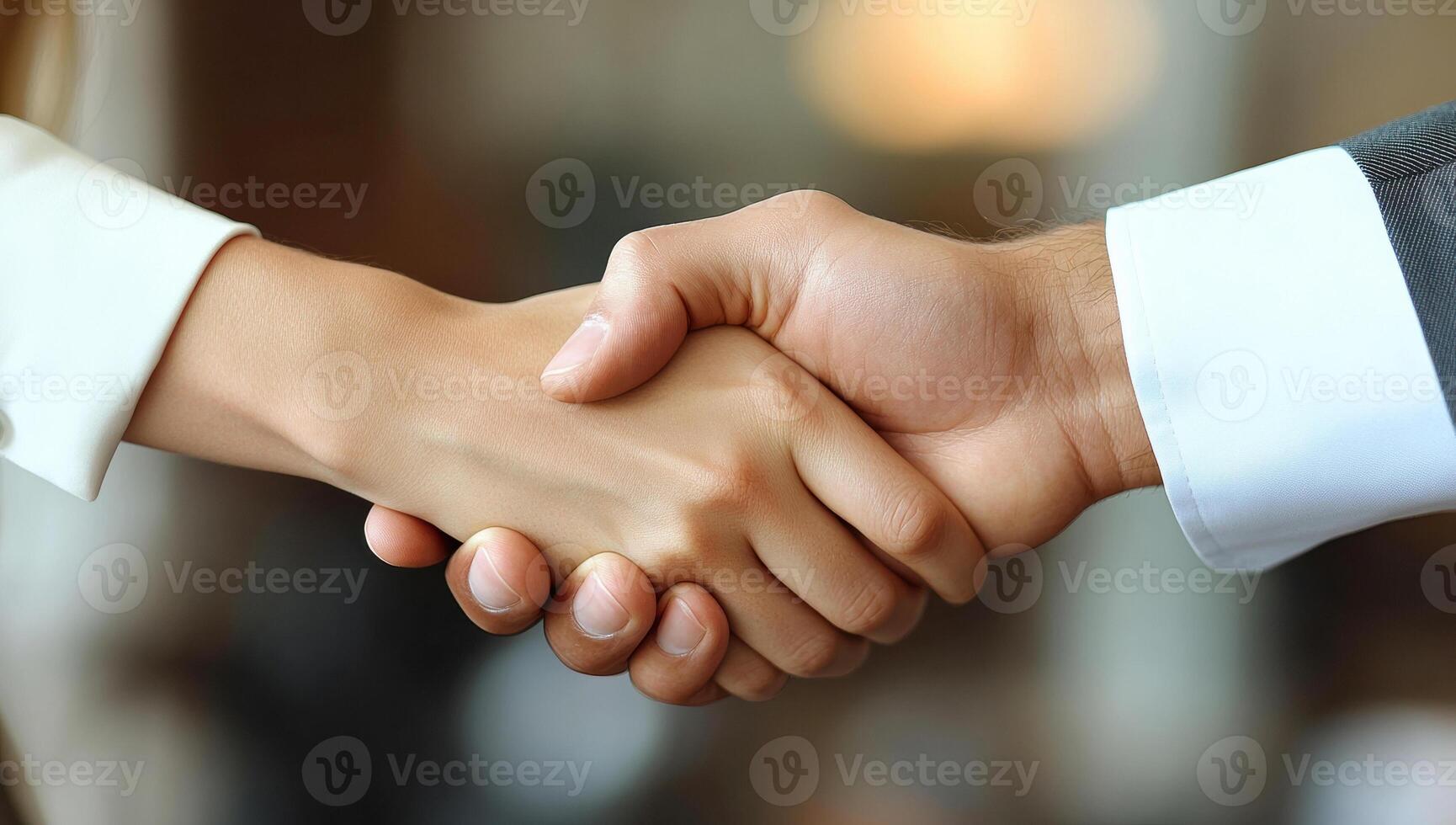 Business professionals confirming partnership, gripping hands firmly during corporate meeting with soft-focus office environment photo