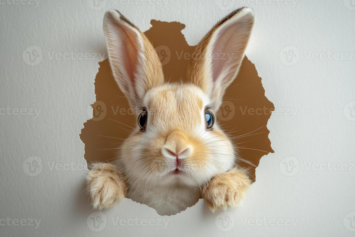 beige rabbit peeking out of a hole on a white paper banner. The concept of celebrating Easter. photo