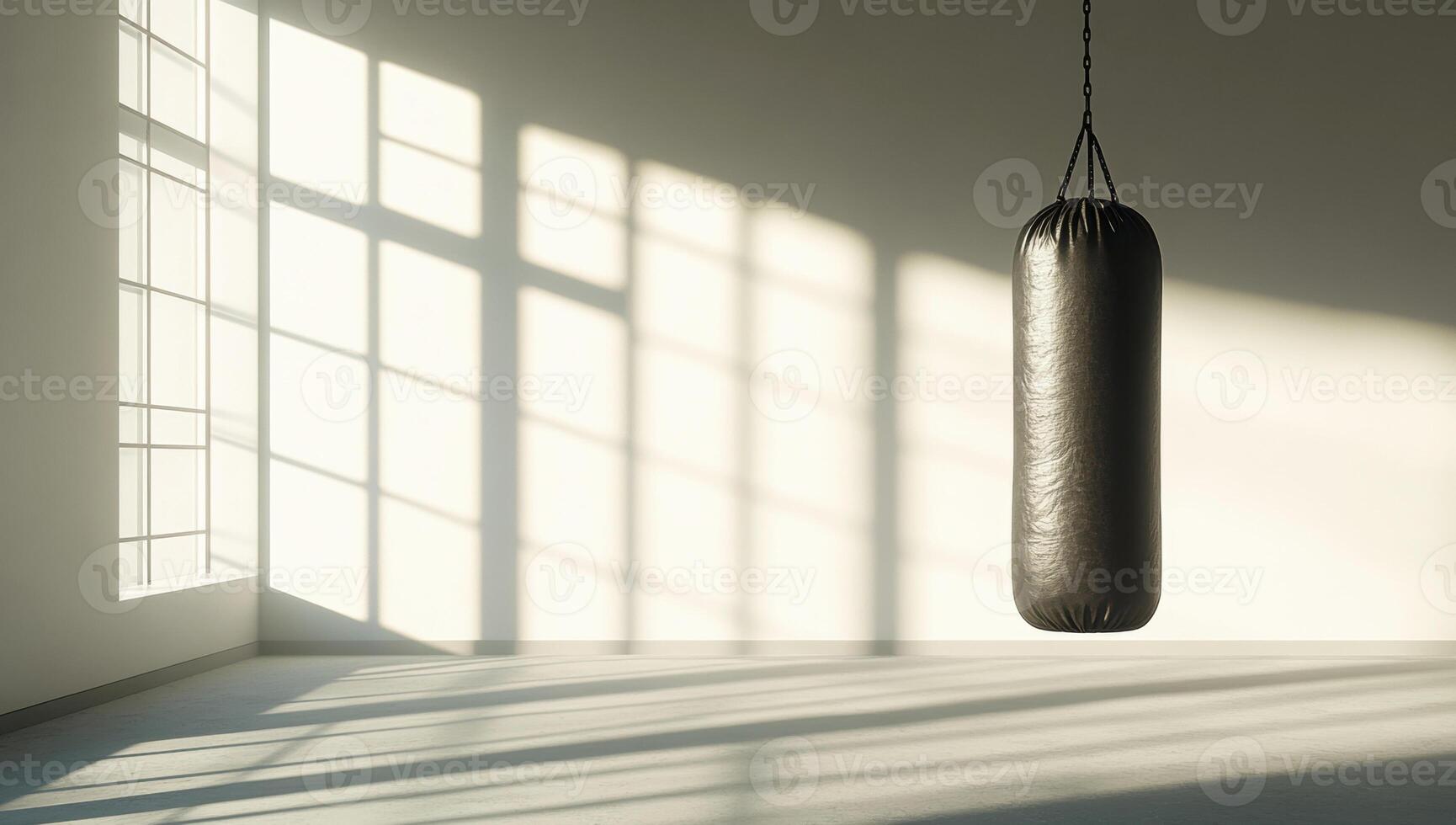 punching bag suspended in dimly lit gym, illuminating intense workout environment with raw athletic potential photo
