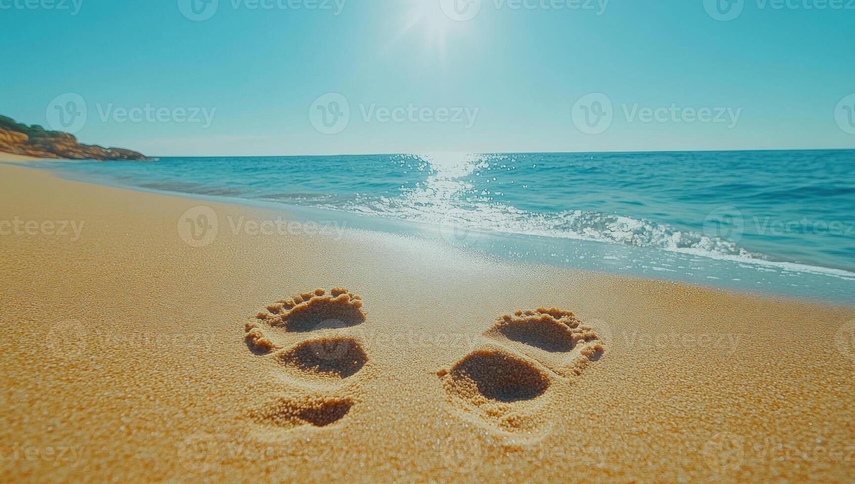Sandy beach with footprint trail winding toward glistening turquoise waters, golden sand gleaming under vibrant sunlight photo