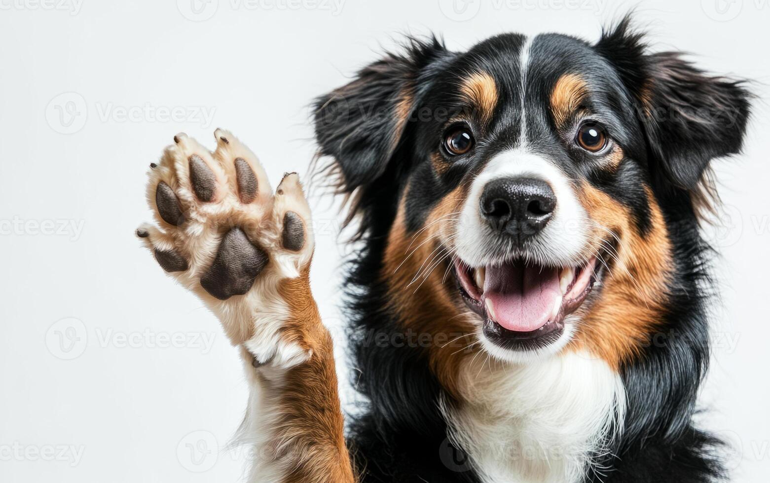 A happy dog giving a high five on a white background. A dog is a friend of a man photo