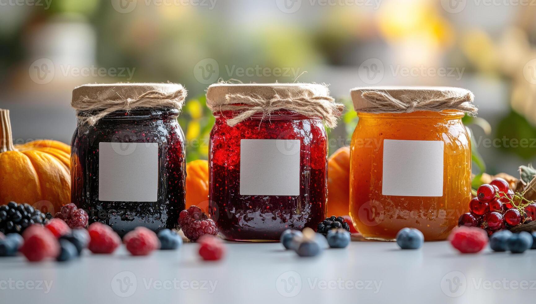 Three jars of colorful homemade jam with blank labels, surrounded by fresh berries, creating a rustic and inviting scene photo