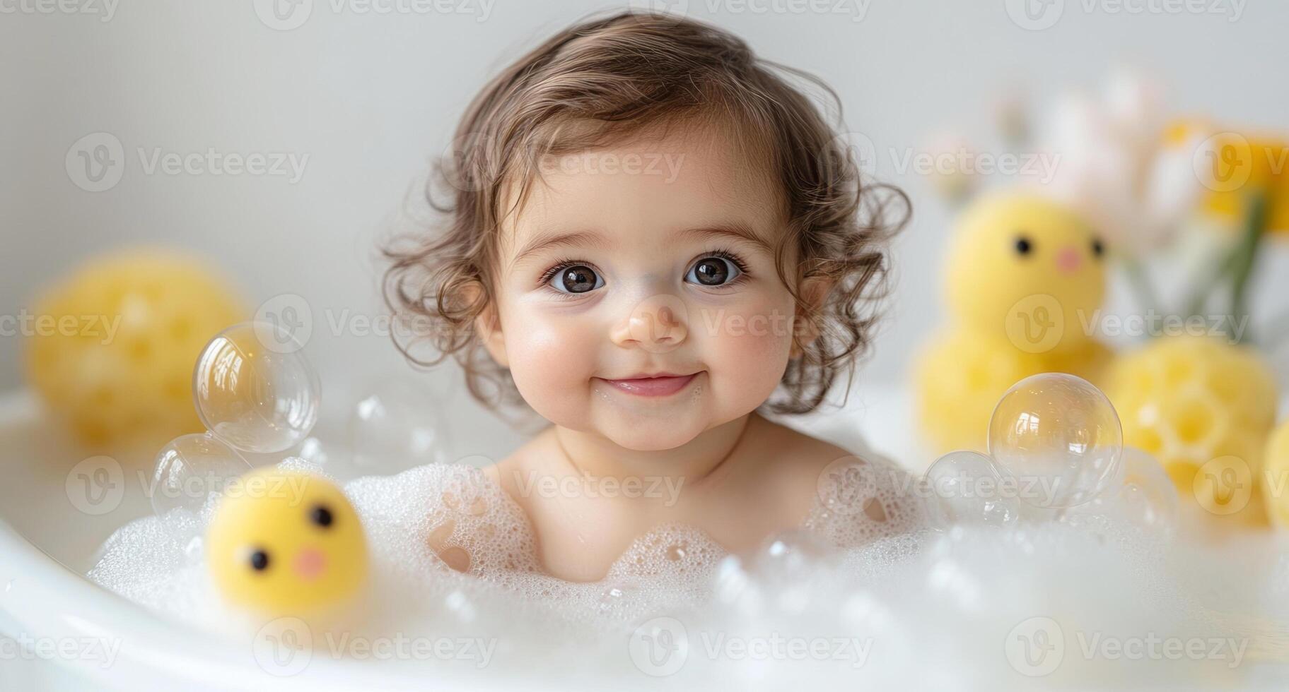 Playful infant blowing soapy bubbles during bathing, experiencing joyful water photo