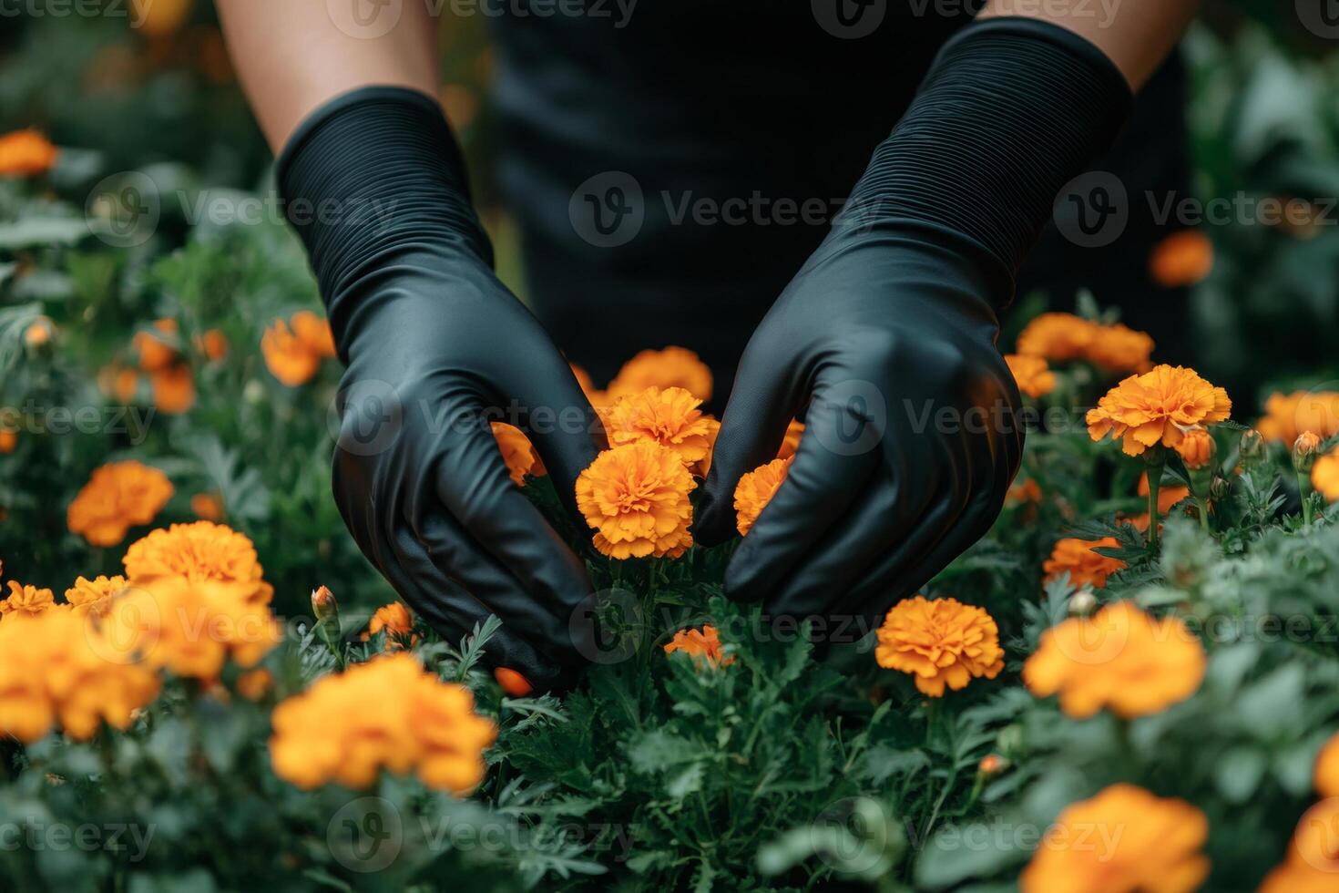 Close-up of a gardener wearing black gloves carefully handling orange marigolds in a vibrant garden, showcasing meticulous plant care photo