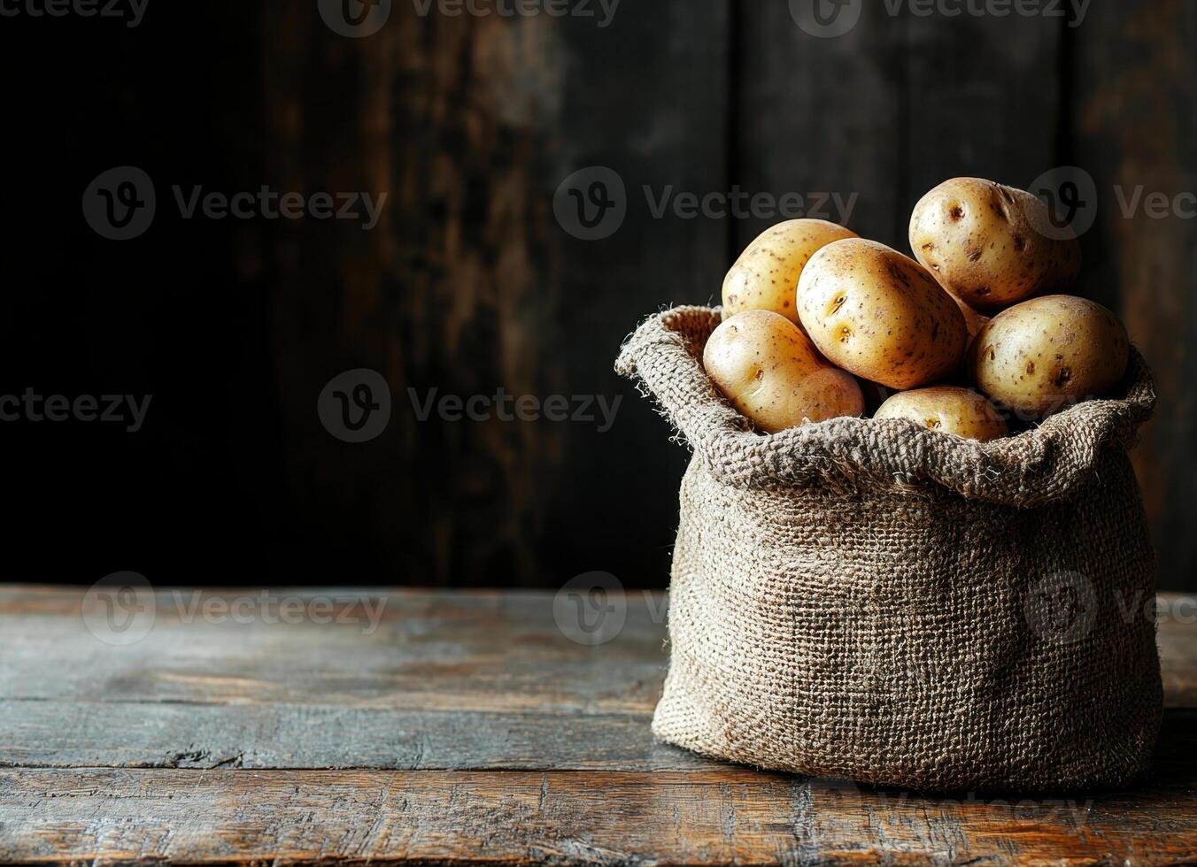 Burlap sack filled with fresh potatoes on a rustic wooden table, set against a dark wooden background, evoking a natural photo