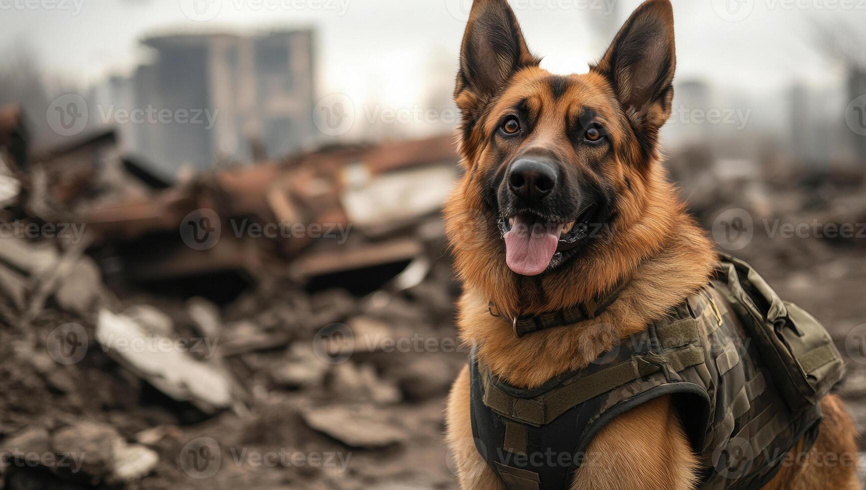 Military working dog in camouflage vest, standing vigilant amid urban rubble, representing tactical readiness and unwavering loyalty photo