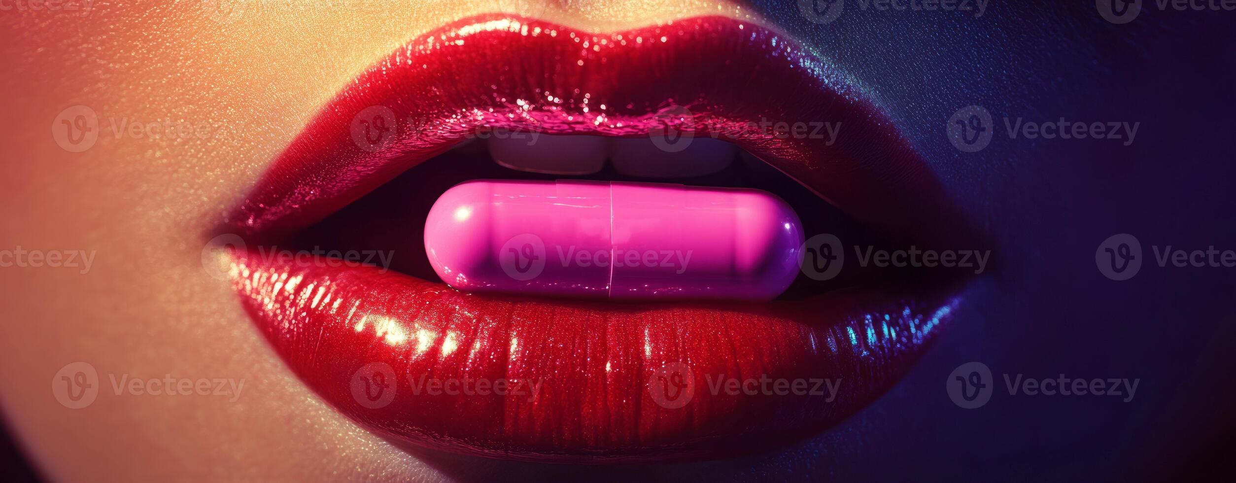 Closeup of a woman with lipstick on her lips holding a pink pill. The concept of drug use and nightlife. photo