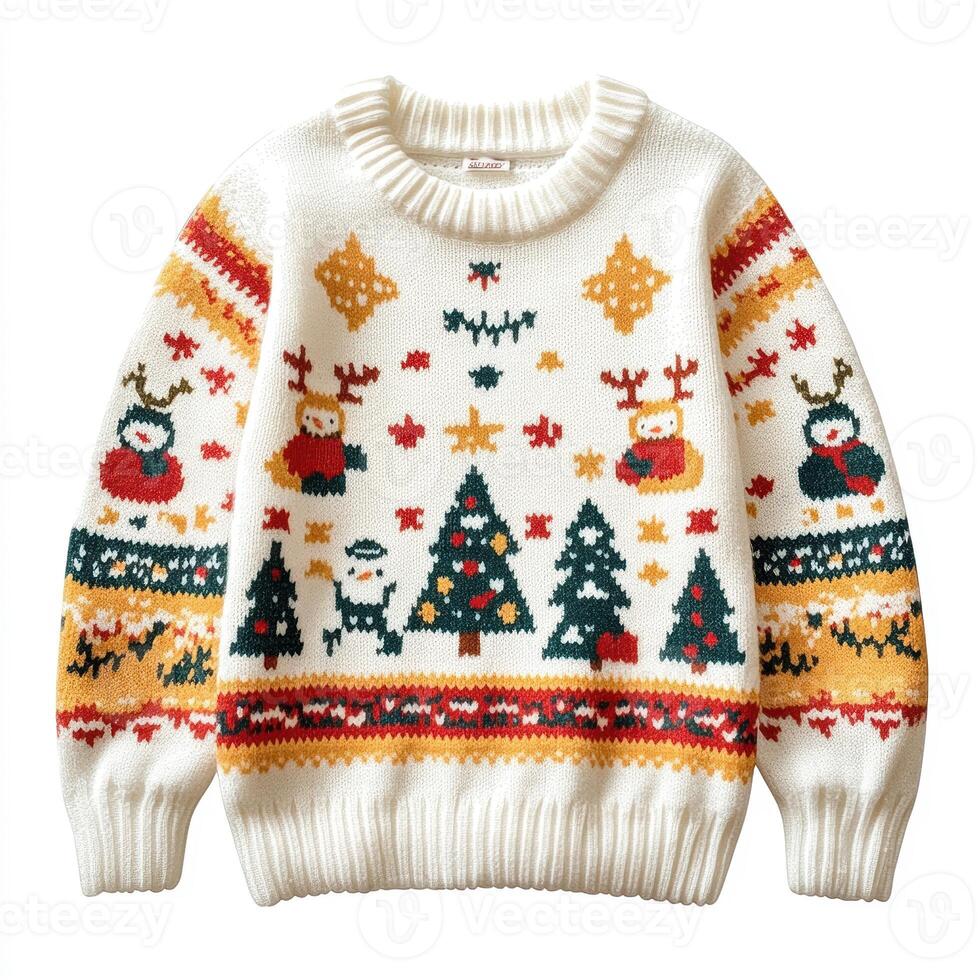 Cozy knitted holiday sweater featuring festive reindeer, snowman, and christmas tree patterns celebrating seasonal cheer photo