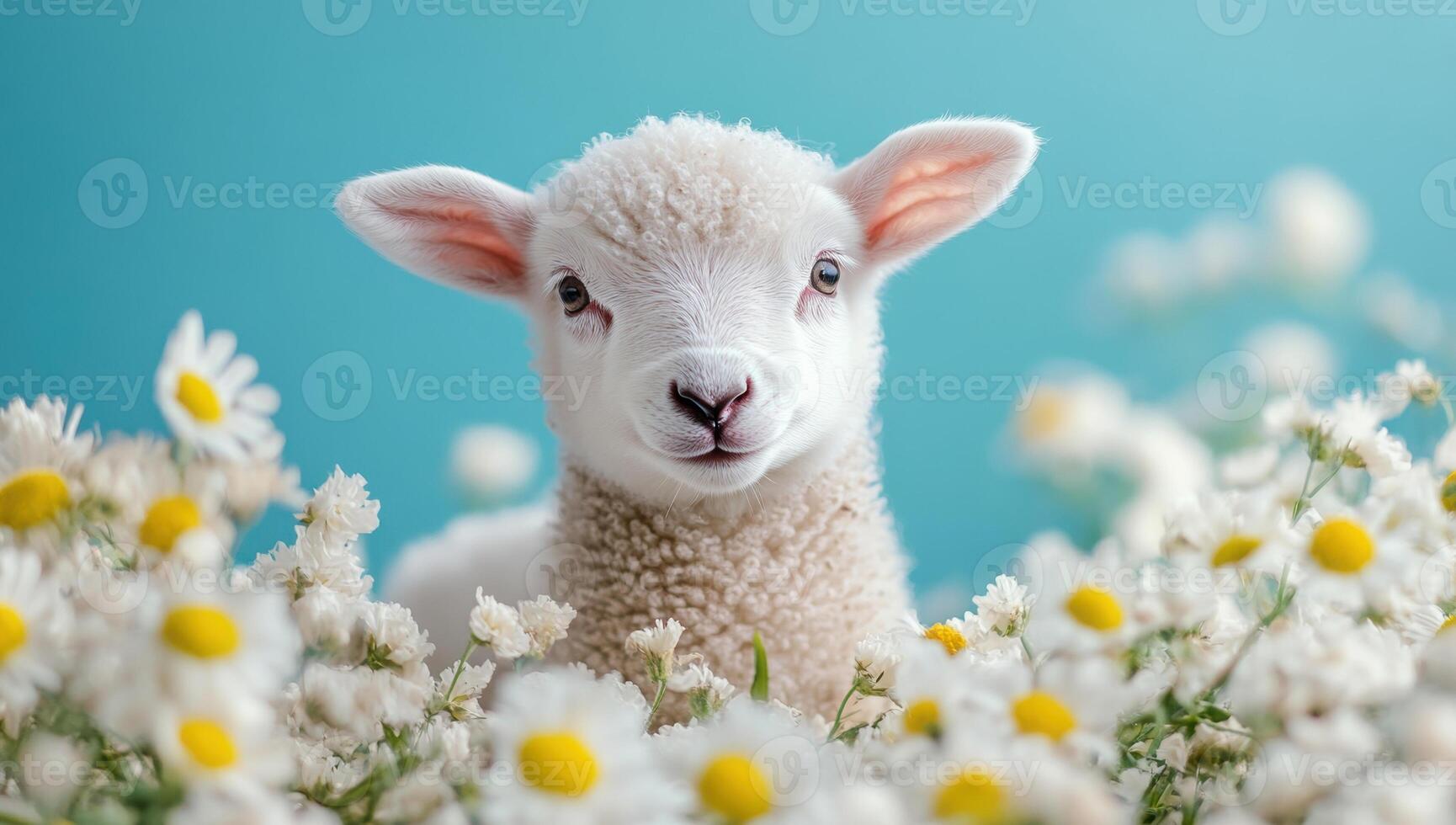 Cute white lamb resting peacefully amidst a field of daisies, creating a heartwarming springtime scene photo