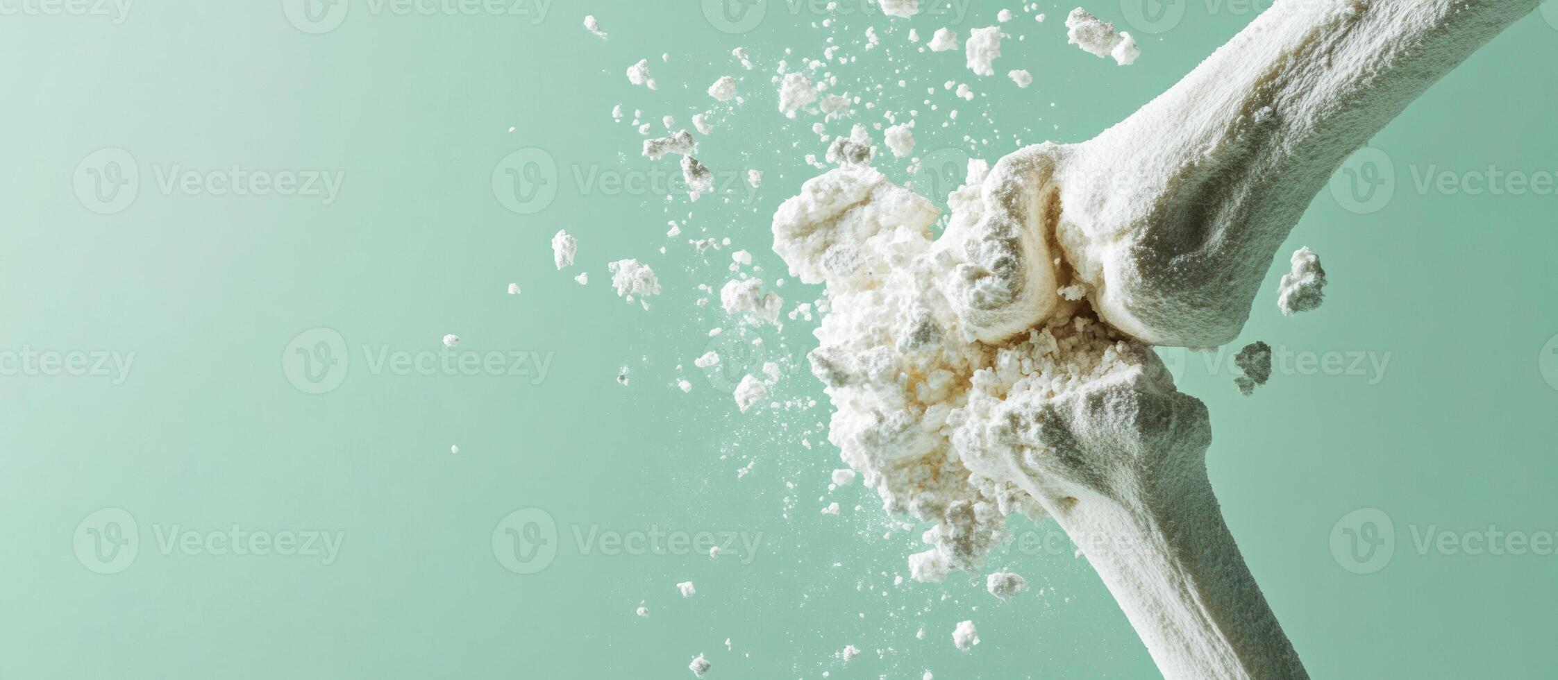 Fragile bone crumbling into dust, illustrating calcium loss and skeletal deterioration on pale green surface photo