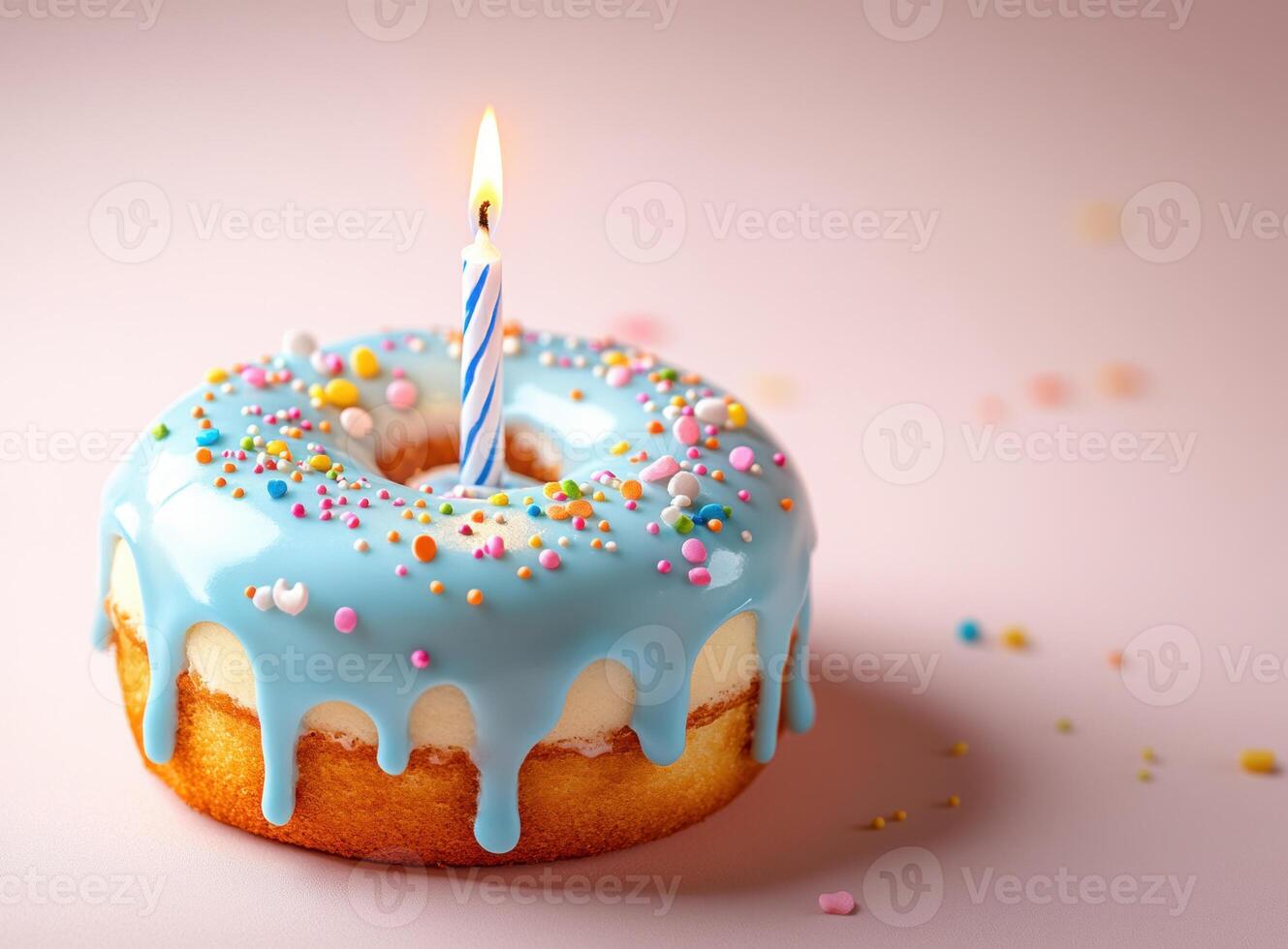 Sugary donut featuring vibrant sprinkles, drizzled icing, and flickering birthday candle celebrating festive moment photo