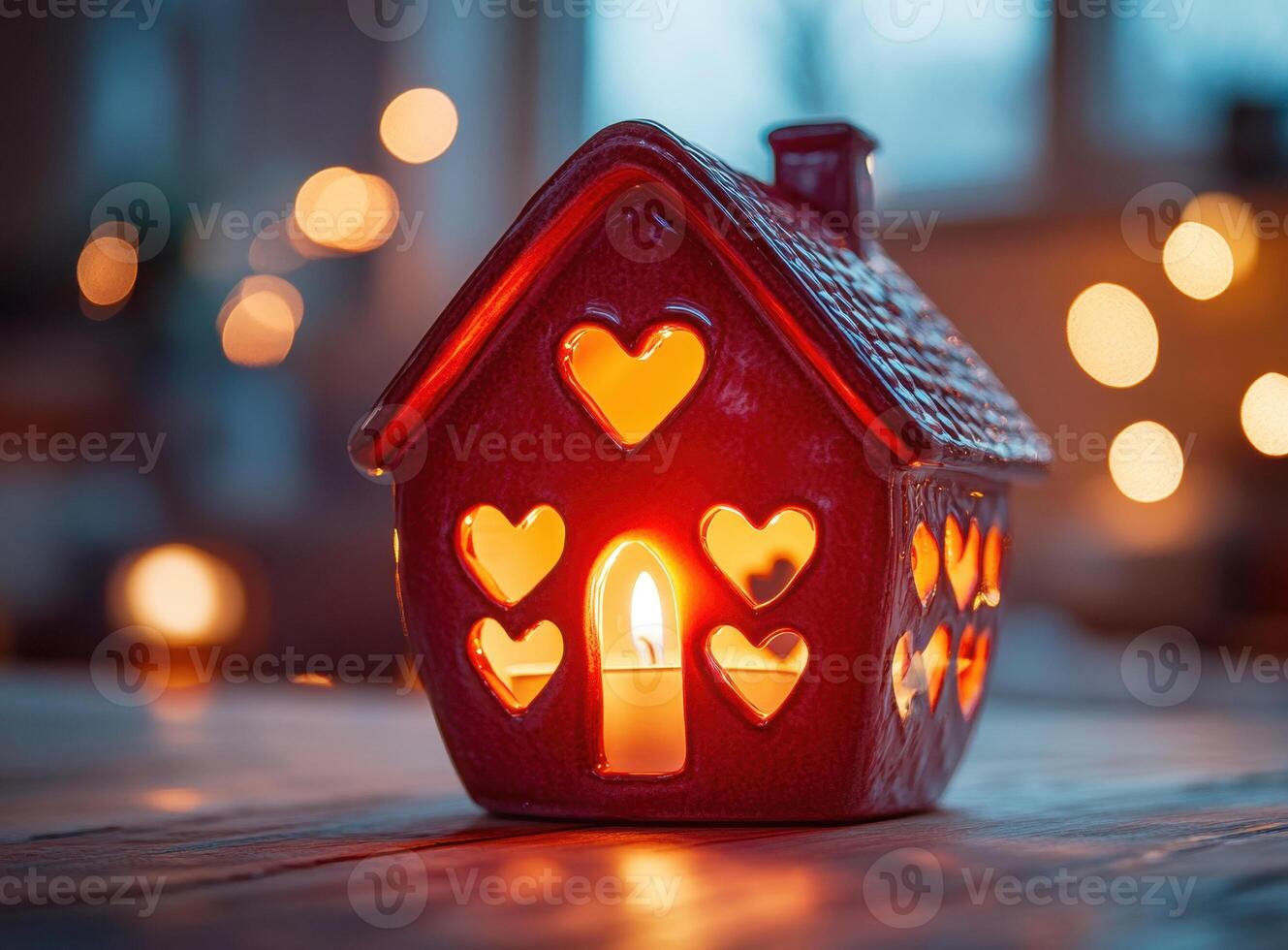 holder in the shape of a house with heart-shaped windows and a shining candle inside on the table, symbolizing love in home decor photo