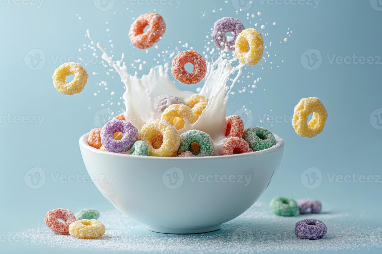 Milk splashing into bowl of colorful cereal rings on blue background, creating dynamic visual with sugared rings suspended mid-air photo