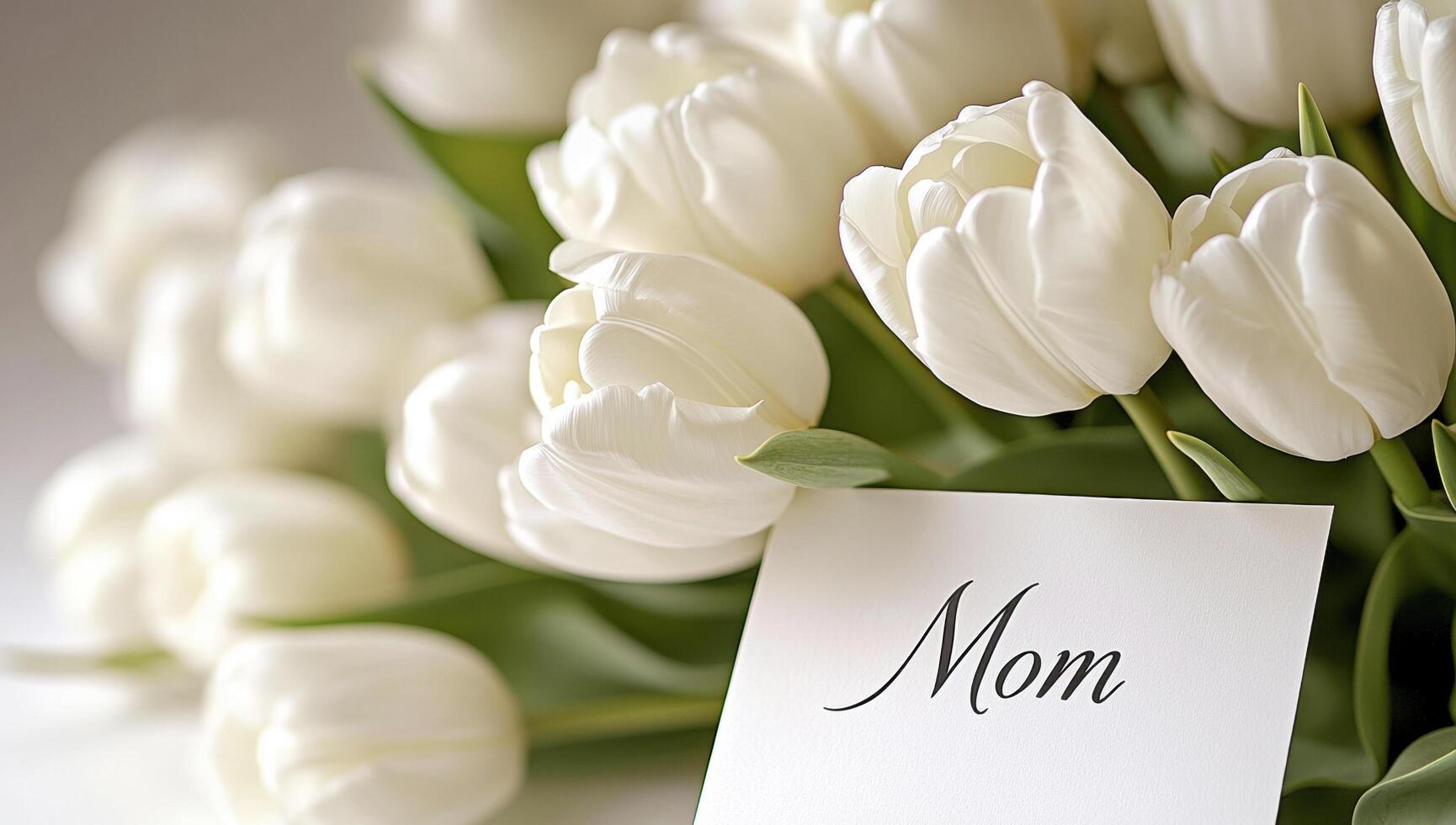 Delicate white tulips beside handwritten card, expressing maternal affection during heartwarming mother's day celebration photo