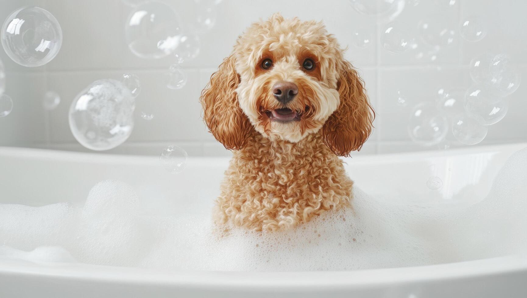 comfortably in sudsy white bathtub, enjoying playful bath time with cheerful expression photo
