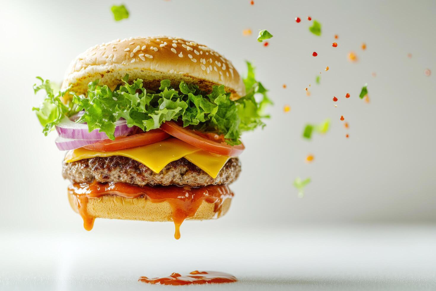 burger with fresh ingredients on a pristine white background, promising a juicy beef patty, gooey melted cheese, crunchy lettuce, and flavorful onion photo