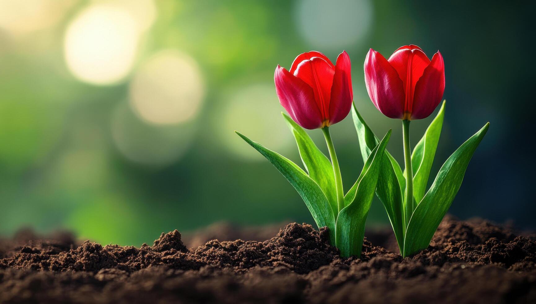 Couple of red tulips growing from dark fertile soil in spring garden with blurred green background photo