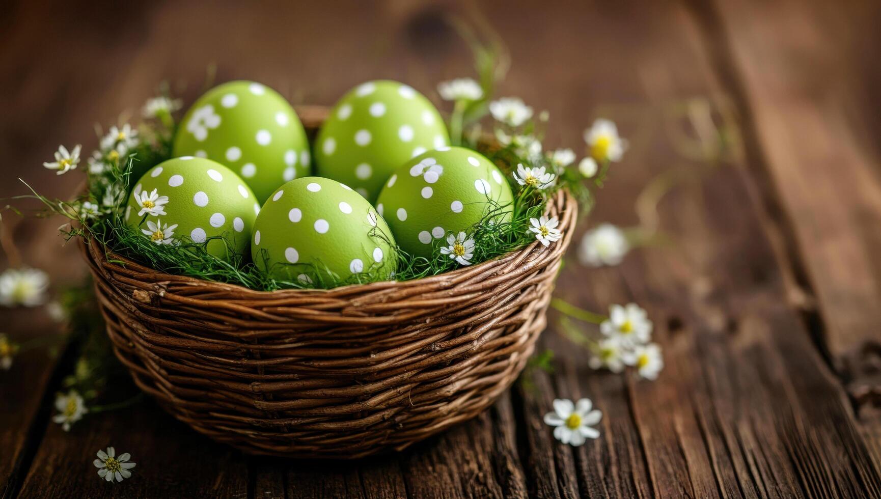 Easter eggs displaying pastel green hues with delicate white polka dots nestled within grassy wicker basket photo