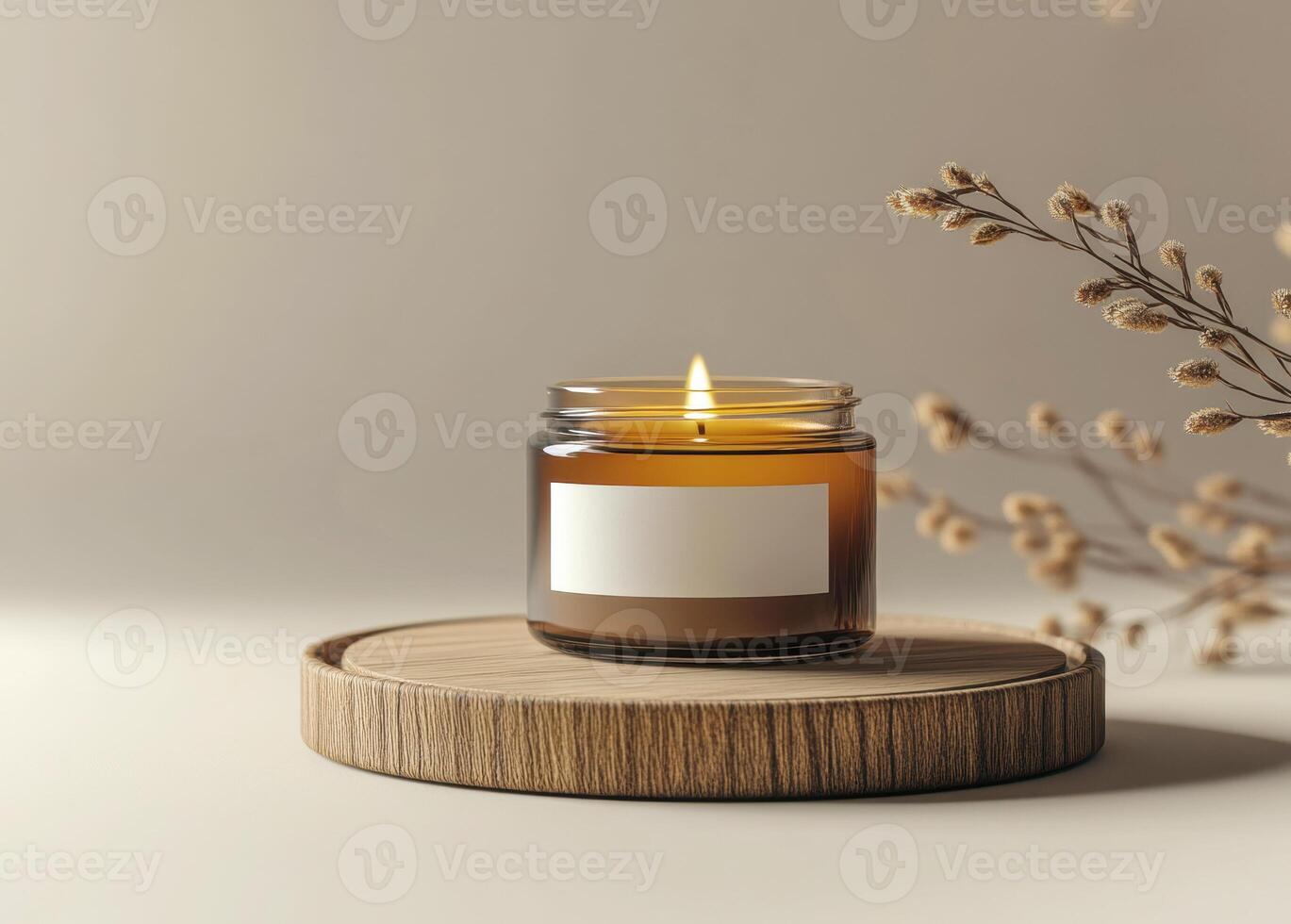Burning scented candle in amber glass jar, resting on weathered wooden surface, radiating cozy ambient lighting and soft fragrance photo