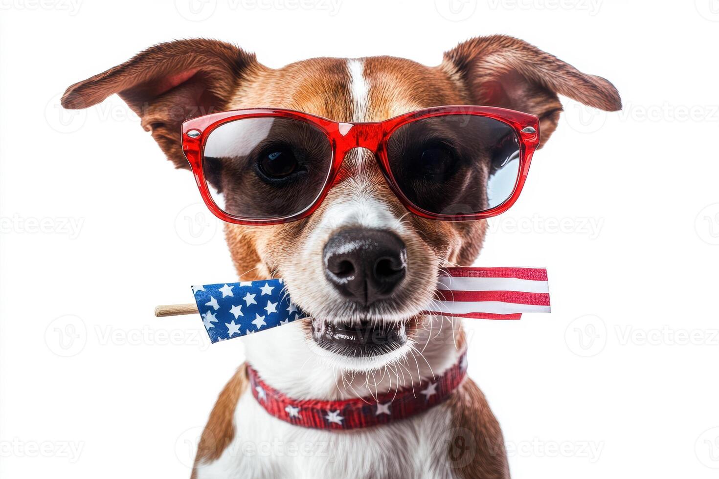 Jack russell terrier wearing sunglasses, gripping small american flag between teeth, celebrating national holiday with playful patriotic spirit photo
