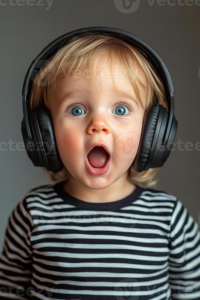 surprised baby listening to music with wireless headphones, enjoying the sound photo