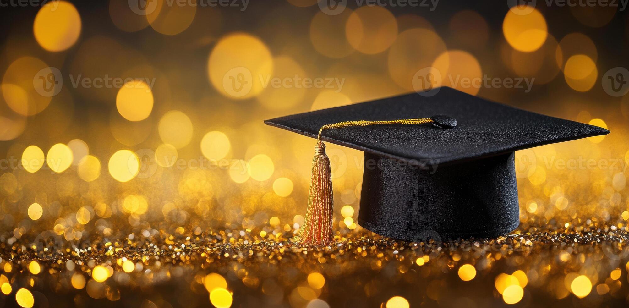 Black graduation cap featuring gold tassel resting on shimmering golden glitter surface, symbolizing academic achievement photo
