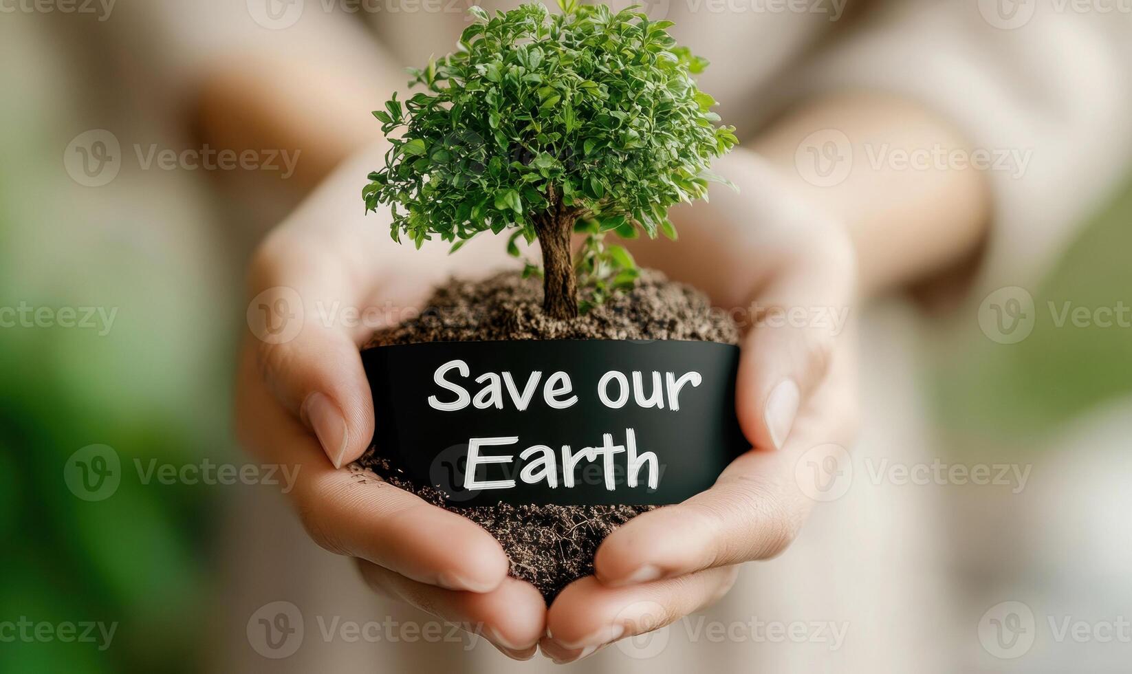 Hand gripping seedling in eco-friendly paper container, symbolizing green growth, environmental care, sustainability commitment photo