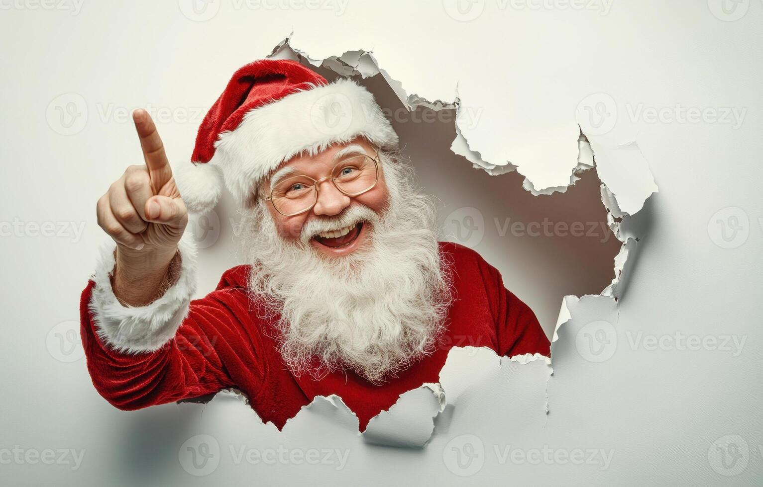 Santa peeking through ripped paper, gesturing skyward with joyful grin, radiating festive holiday cheer and excitement photo