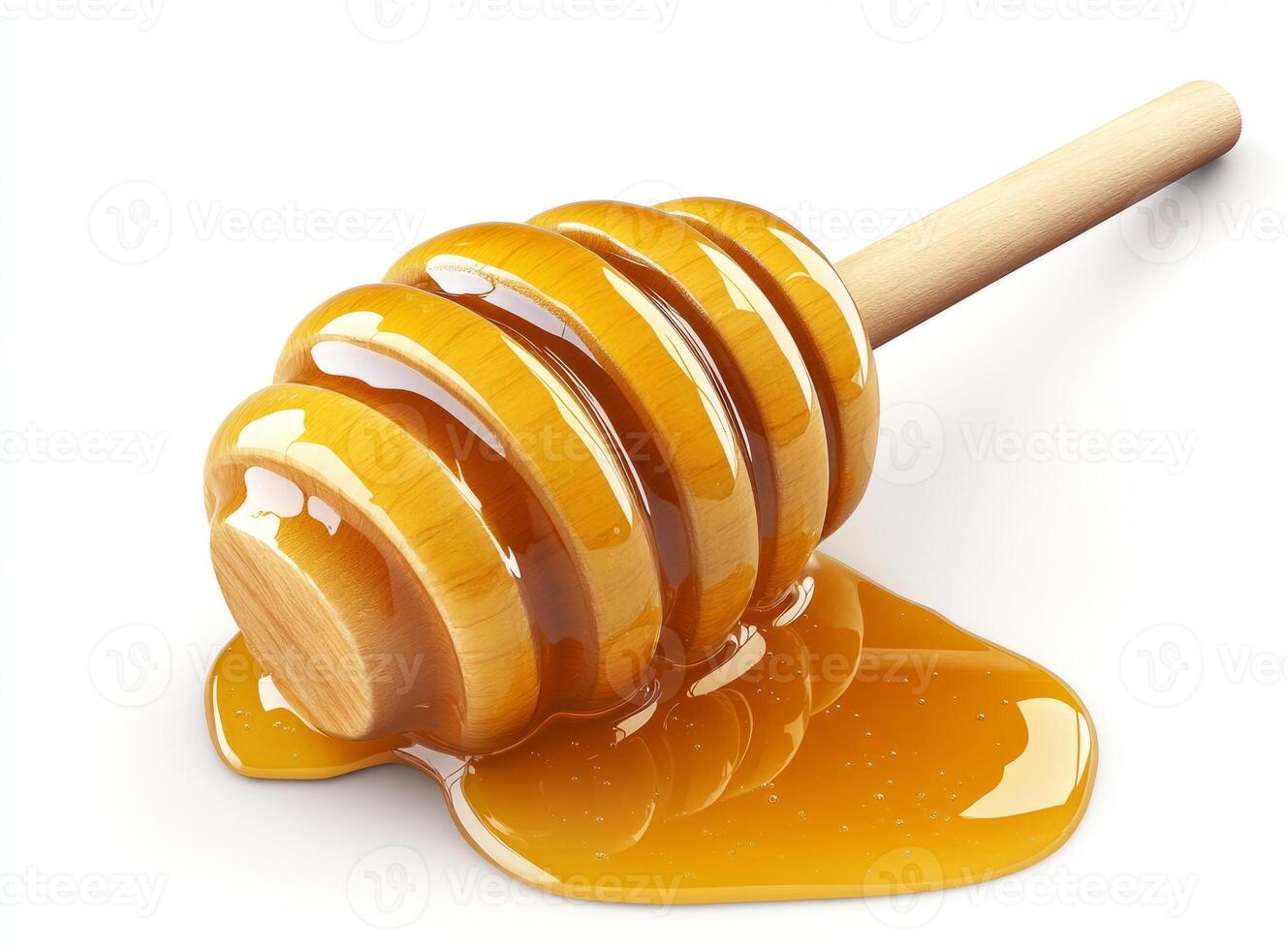 Wooden honey dipper with dripping delicious golden honey against a white backdrop photo