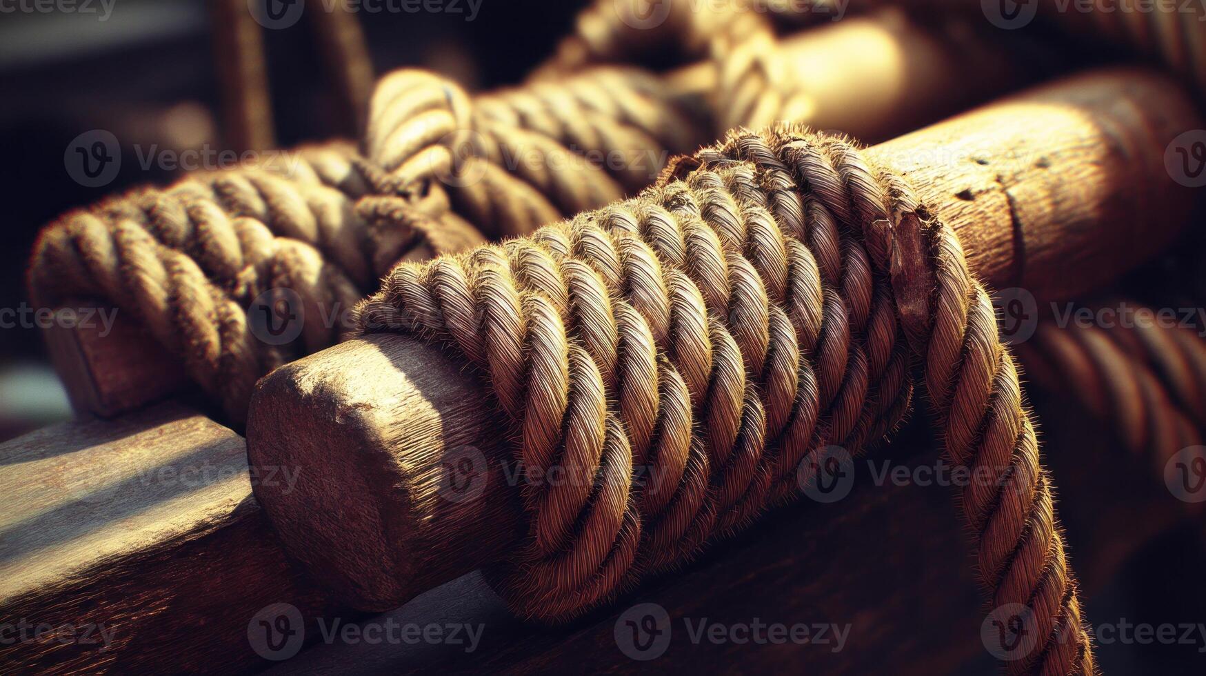 Aged ropes tied around wooden beams photo