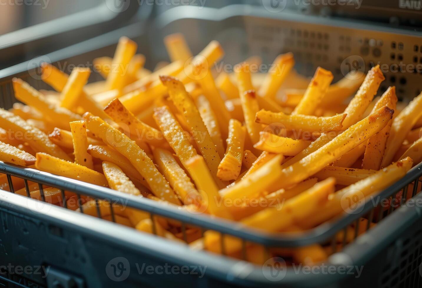 Crispy golden fries collected in a wire basket after frying and draining photo