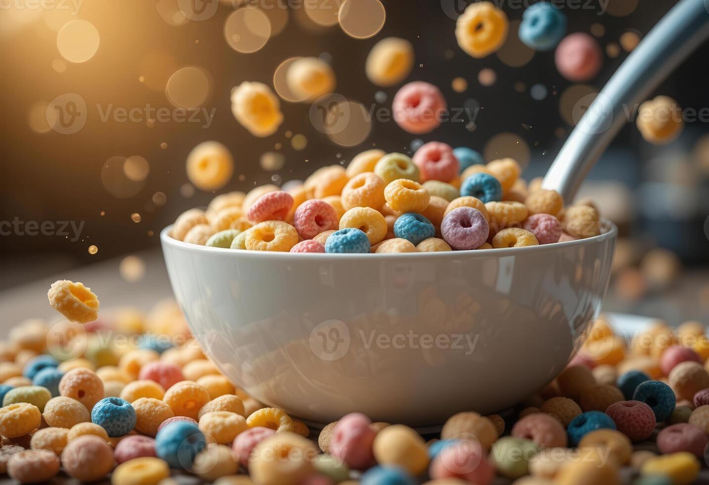 Colorful cereal flies from bowl in bright kitchen setting during breakfast time photo