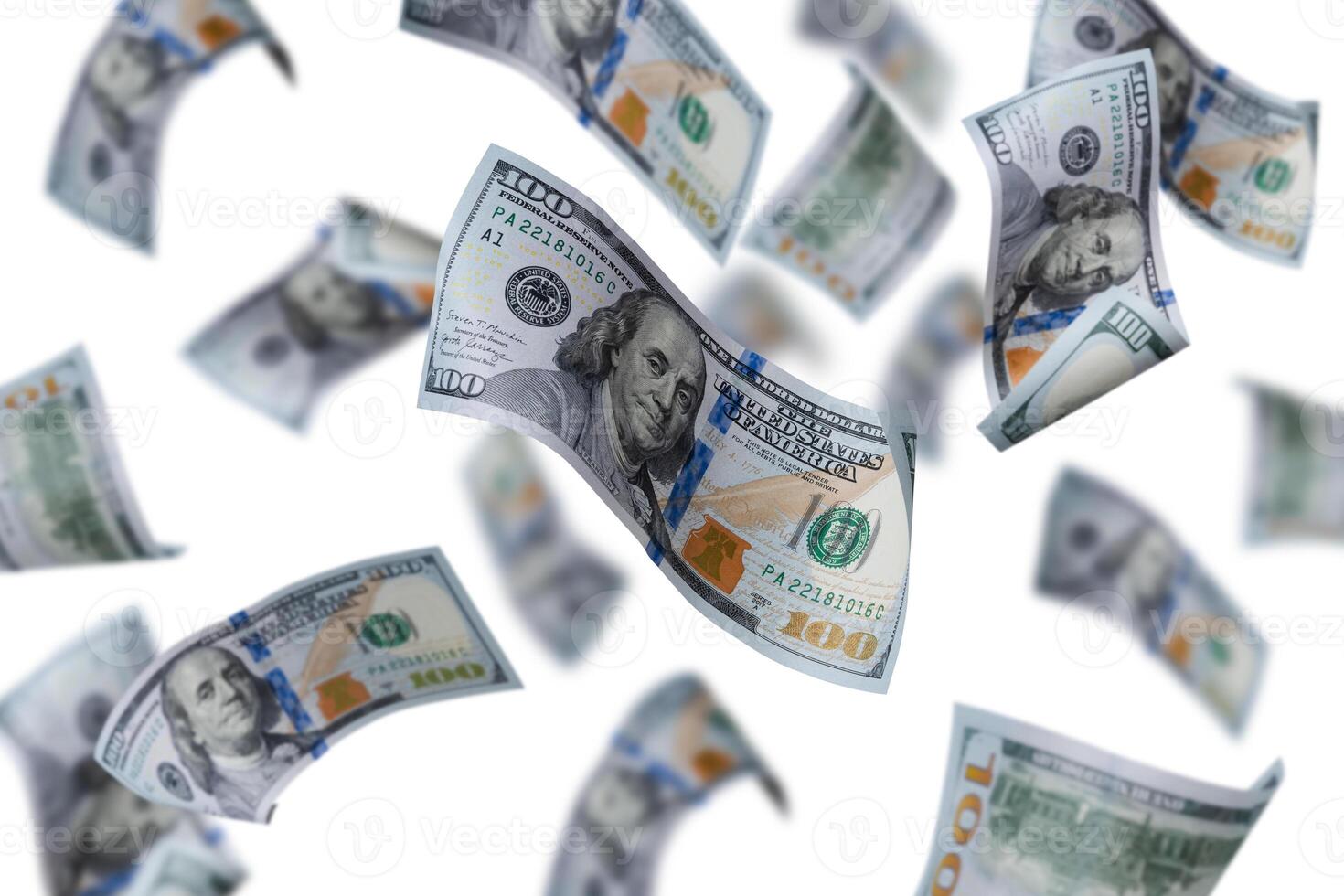 Flying dollars banknotes isolated on a white background. Money is flying in the air. 100 US banknotes new sample. photo