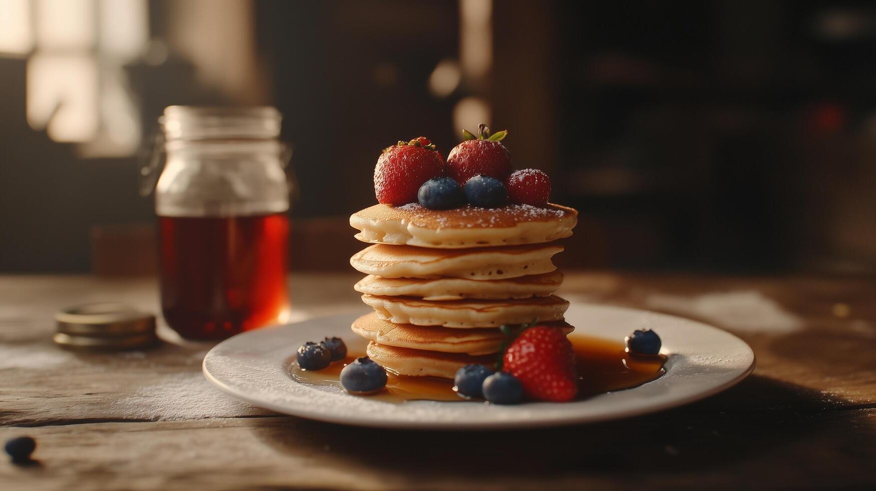 Golden Pancakes Stack Topped with Fresh Strawberries, Blueberries, and Maple Syrup photo