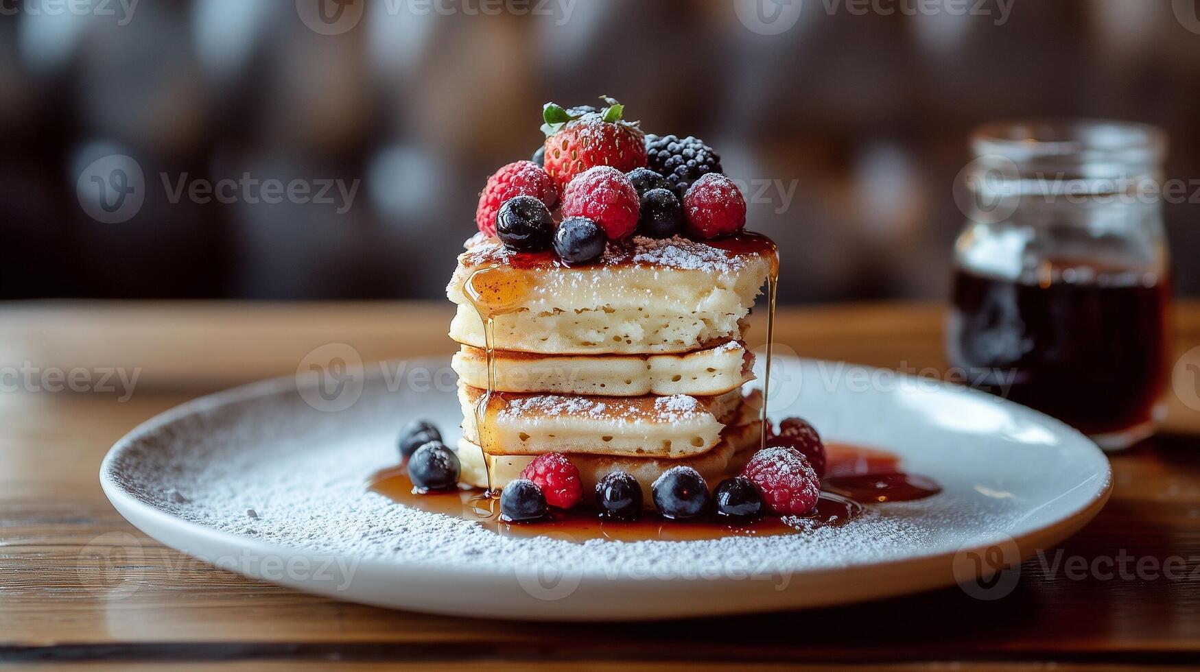 Delicious Pancakes Stack Topped with Fresh Berries and Syrup on Rustic Tabletop photo