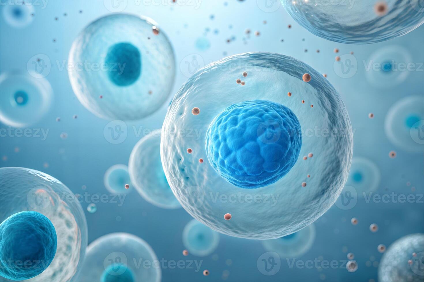 Cellular Structure Blue Microscopic Cells on Soft Blue Background Detailed View photo