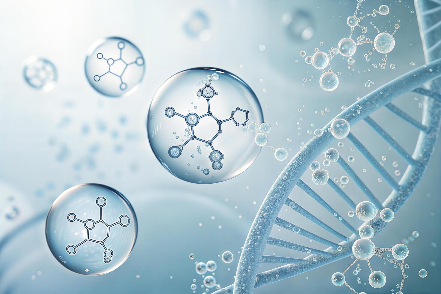 Blue DNA Strand with Molecular Structures and Bubbles on a Light Blue Background photo