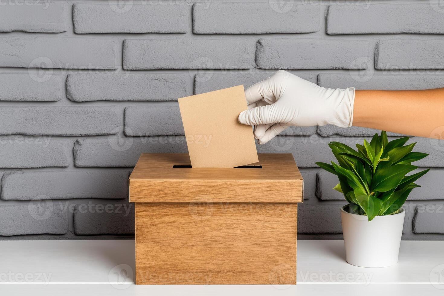 Hand In White Glove Inserts Blank Card Into Corrugated Box With Potted Succulent photo