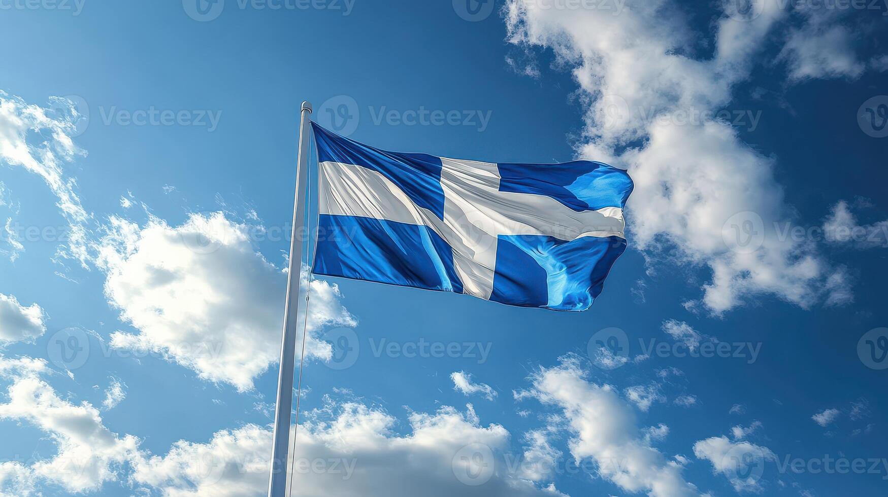 A Stunning 3D Render of the Finland Flag Flying Gracefully Against a Bright Blue Sky Background Perfect for Various Projects photo