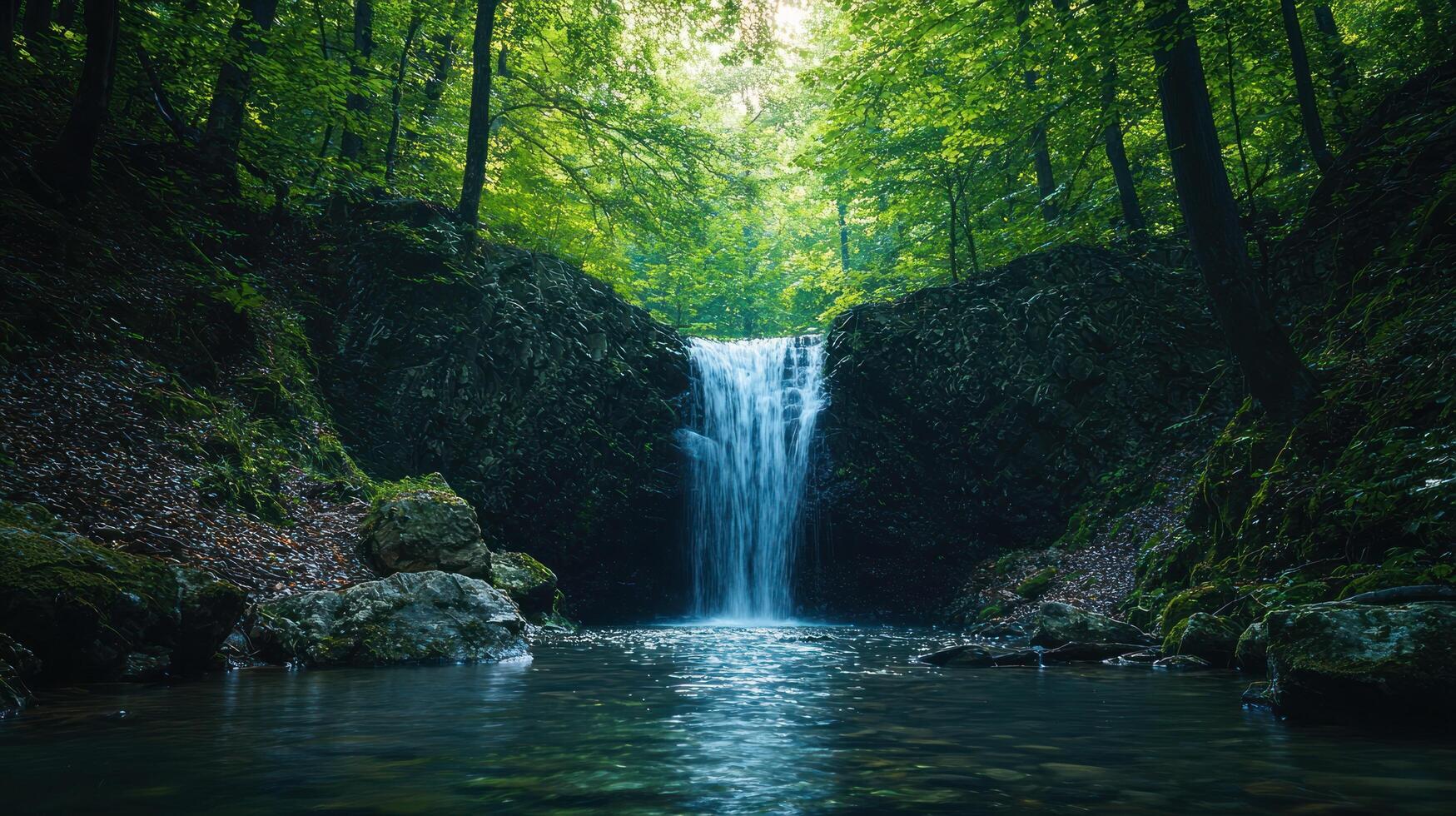 Serene Waterfall Cascading into a Calm Pool Surrounded by Lush Green Forest Foliage in a Natural Setting, Creating a Peaceful and Tranquil Atmosphere for Nature Lovers photo