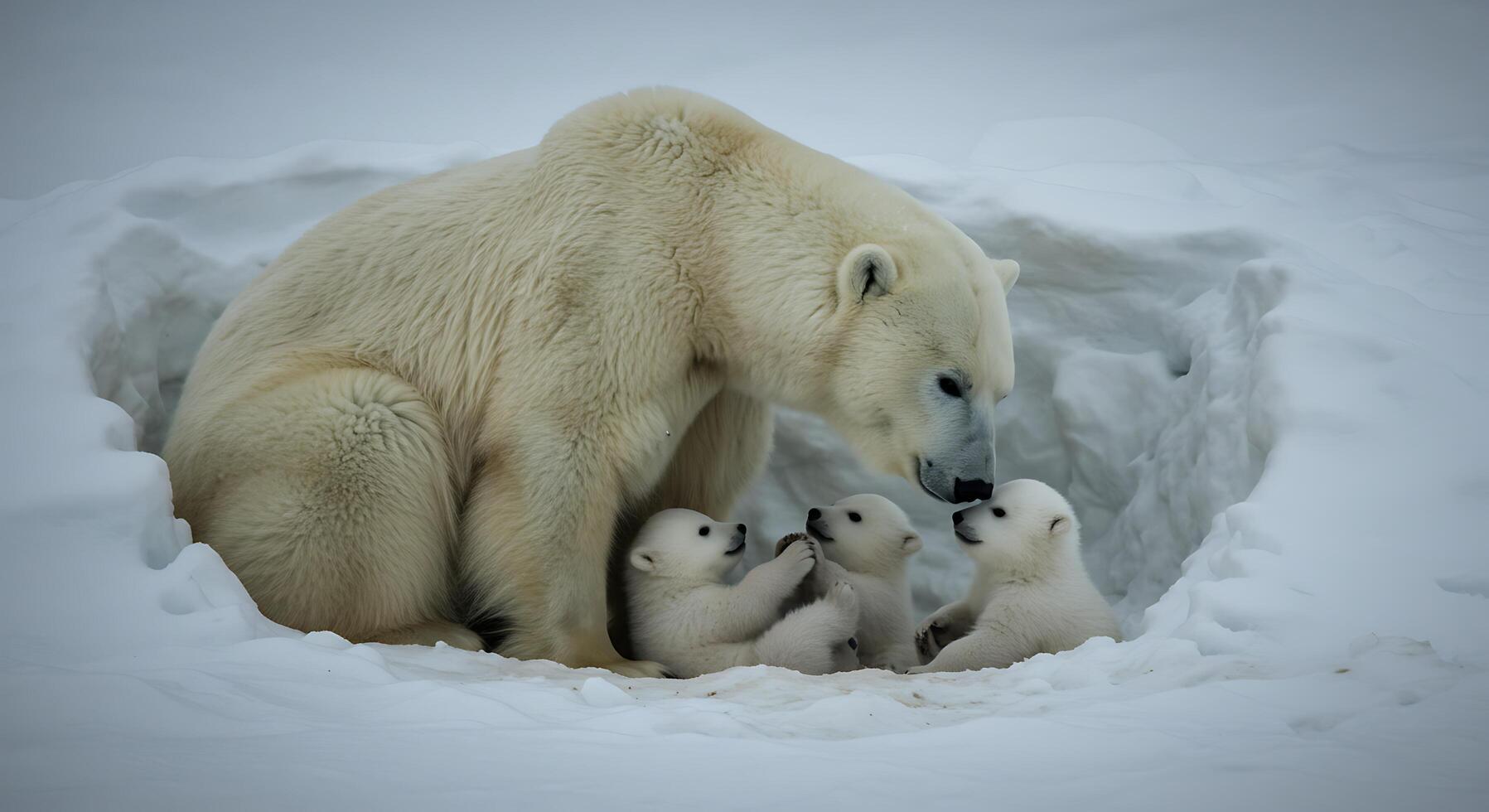 Polar Bear with Cubs in Snowy Den Motherhood Wildlife Scene photo