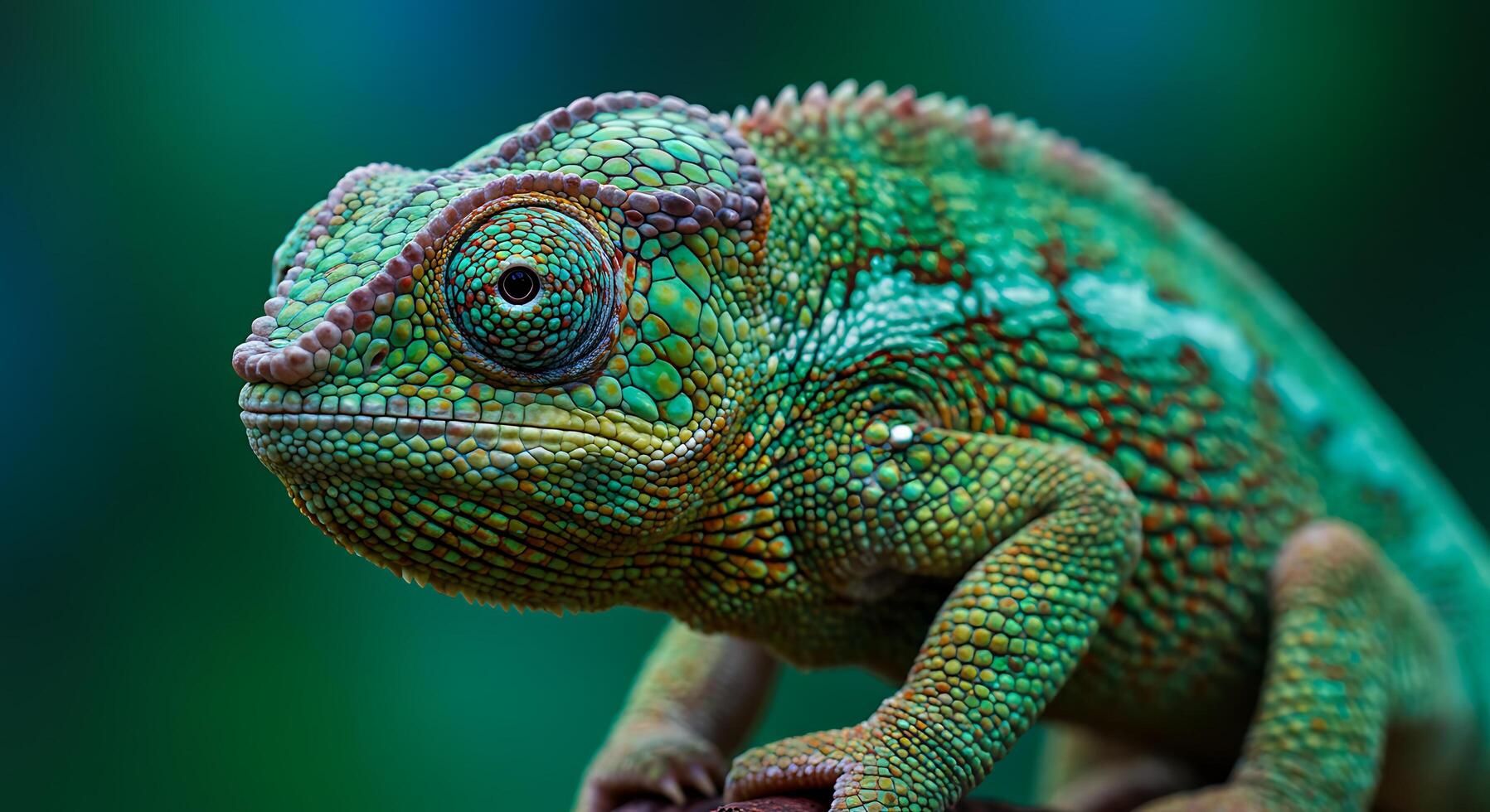 Closeup of Chameleon with Green Scales on Dark Green Background photo