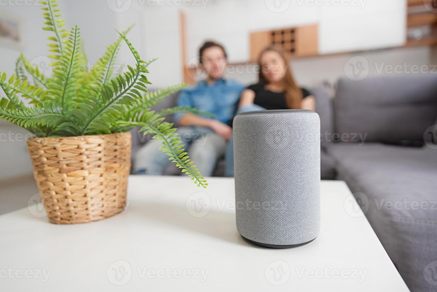 Alexa home speaker on a table in a living room photo