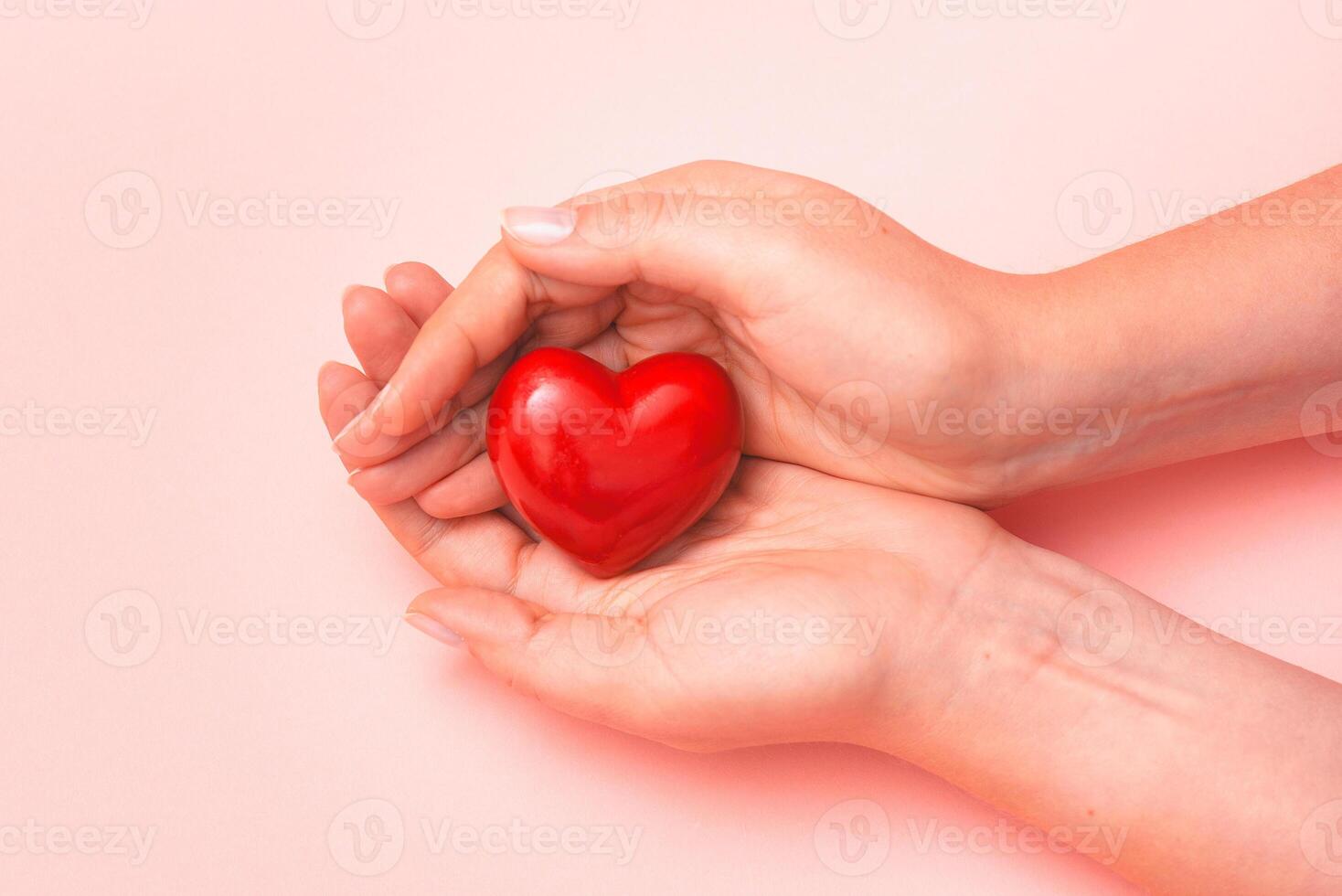 Two hands holding a red heart on a pink background photo