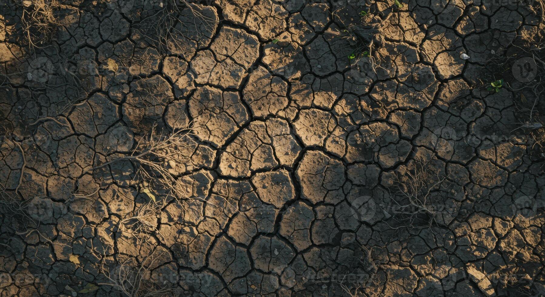 Cracked dry earth with dead roots exposed under sunlight. photo