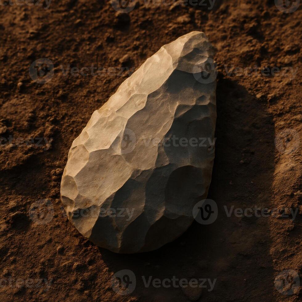 Hand axe in warm side light showing sharp flake marks and earthy texture. photo