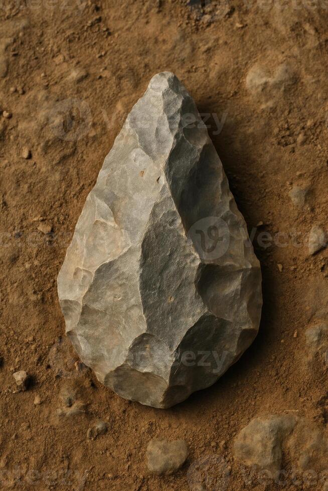 Flint hand axe on textured ground with natural earthy lighting. photo