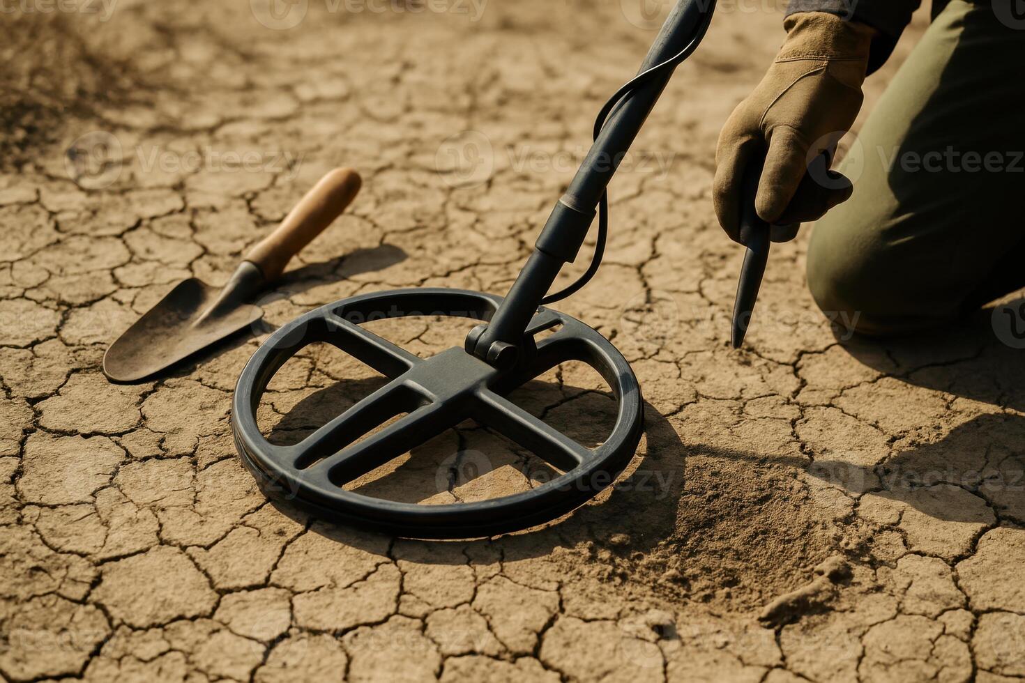 Metal detector scanning cracked dry soil with trowel nearby. photo